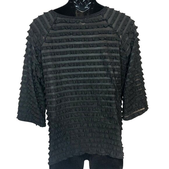 Moa Moa Black Ruffle Textured 3/4 Sleeve Top Womens XL - Picture 3 of 4